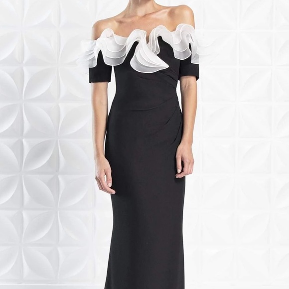 Alexander by Daymor Ruffled Off Shoulder Sheath Gown Black Dress - Picture 1 of 4